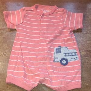2/$5 Carter's Coral and White Striped Firetruck Newborn Snap Romper